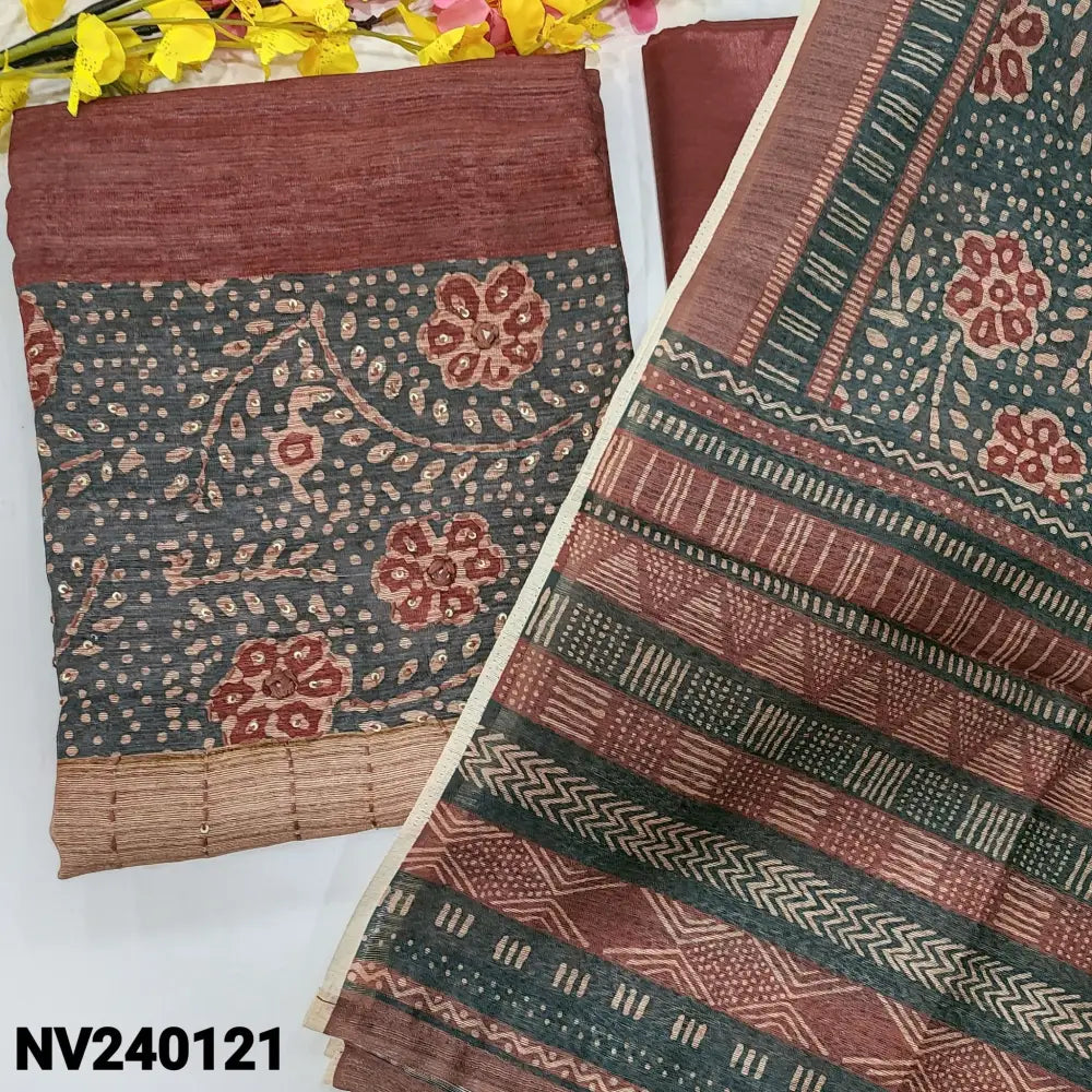 CODE NV240121: Dark onion pink jute silk unstitched salwar material printed thread& sequins work on front(thin fabric