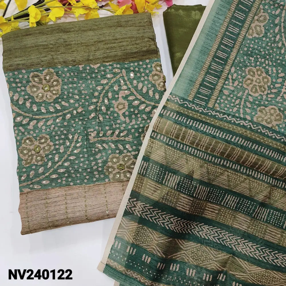 CODE NV240122: Mossy green jute silk unstitched salwar material printed thread& sequins work on front(thin fabric