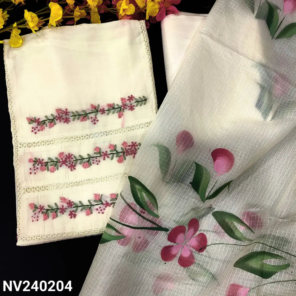 CODE NV240204: Half white premium soft silk cotton unstitched salwar material rich embroidered &cut work on yoke(soft