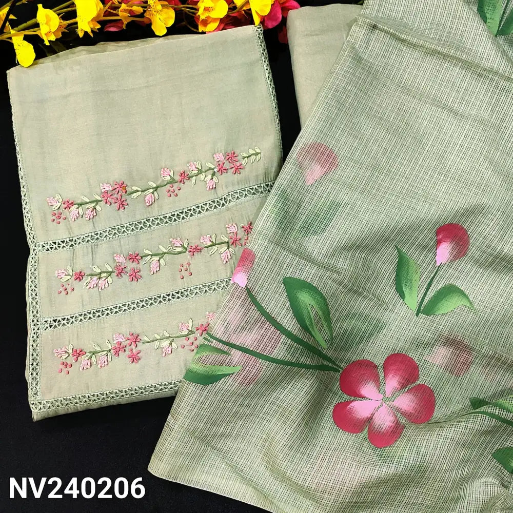 CODE NV240206: Light greyish blue premium soft silk cotton unstitched salwar material rich embroidered &cut work