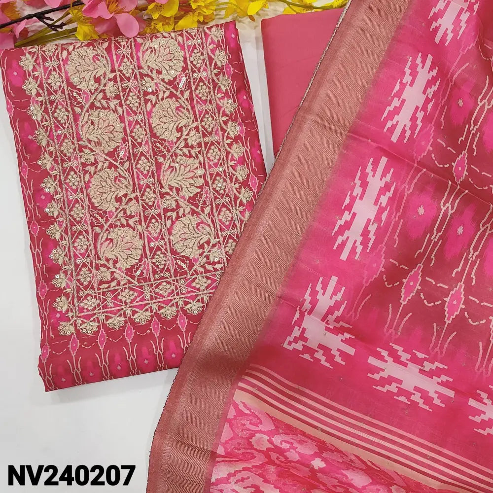 CODE NV240207: Bright pink digital printed semi gicha unstitched salwar material rich embroidered on yoke& front(thin