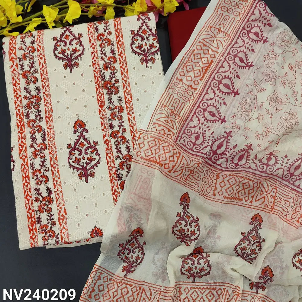 CODE NV240209: Light beige base block printed schiffli embroidered cotton unstitched salwar material(lining needed)dark