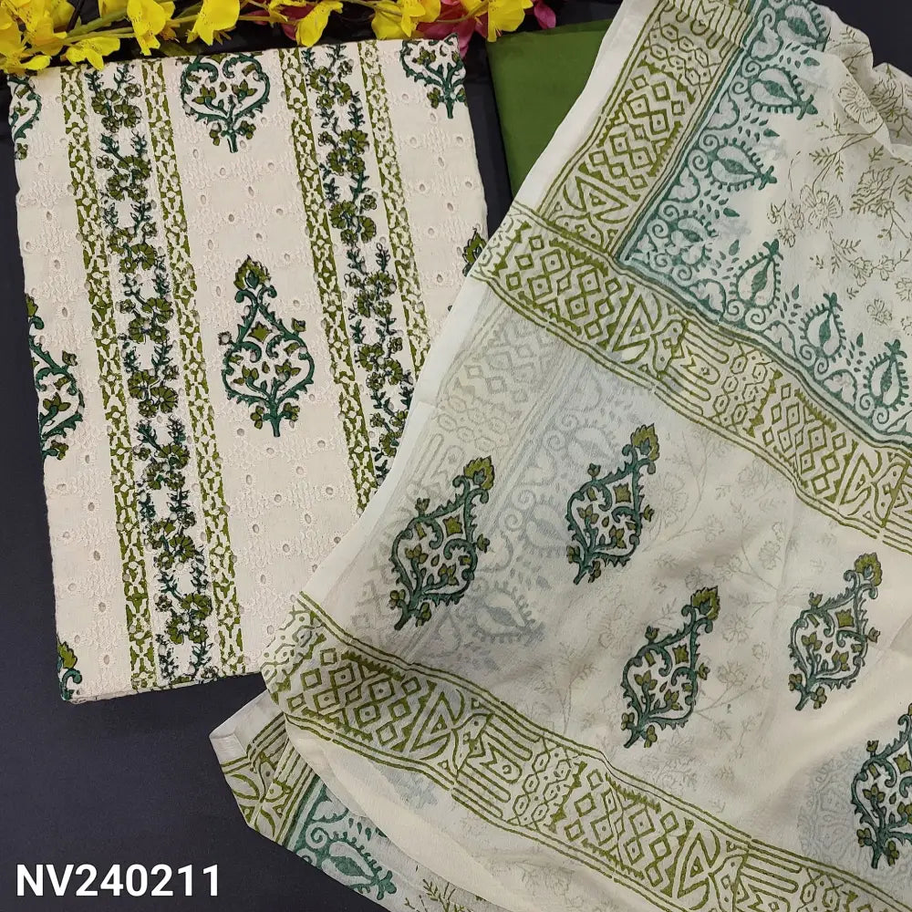 CODE NV240211: Light beige base block printed schiffli embroidered cotton unstitched salwar material(lining