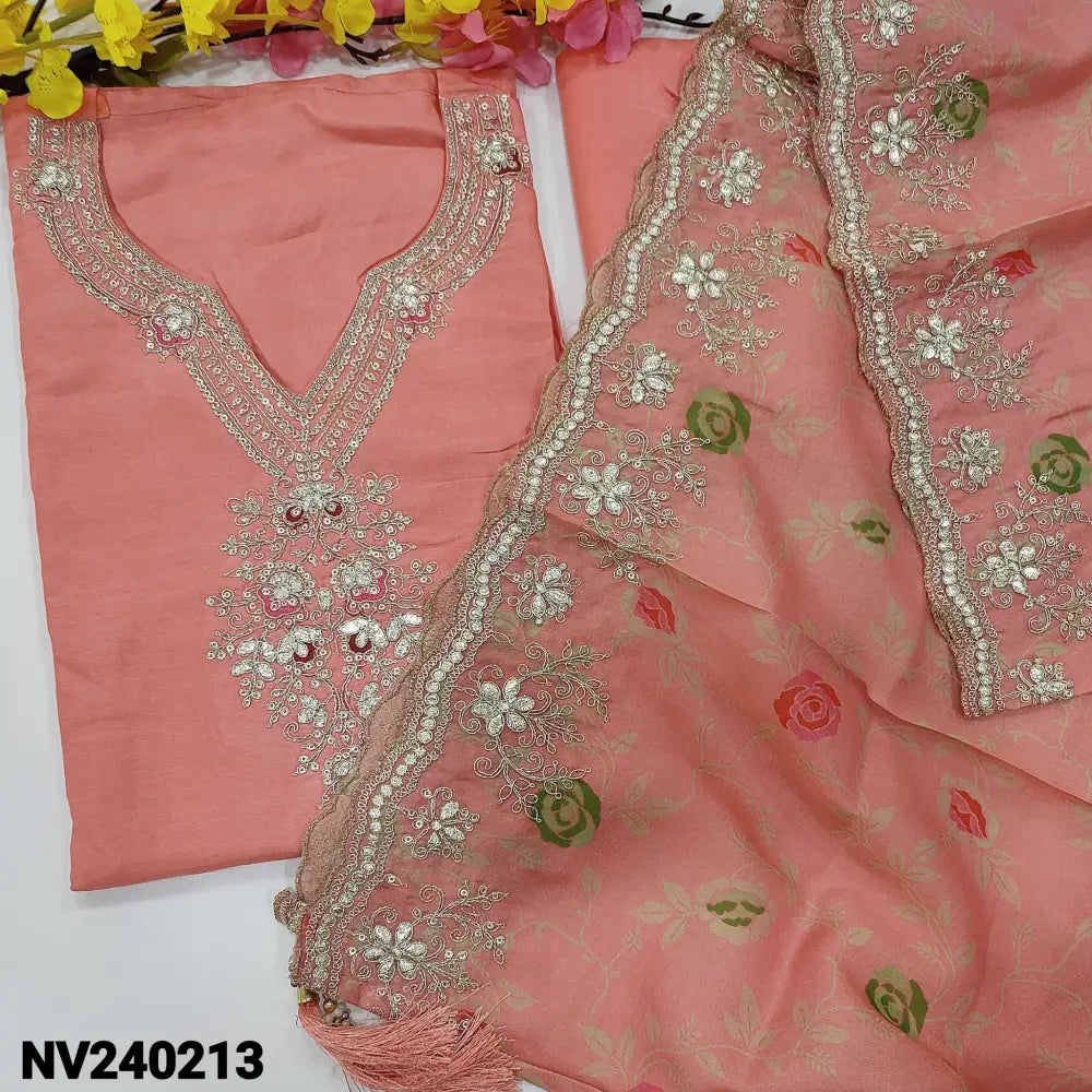 CODE NV240213: Pink designer pure dola silk unstitched salwar material heavy zari& sequins work on yoke(silky fabric