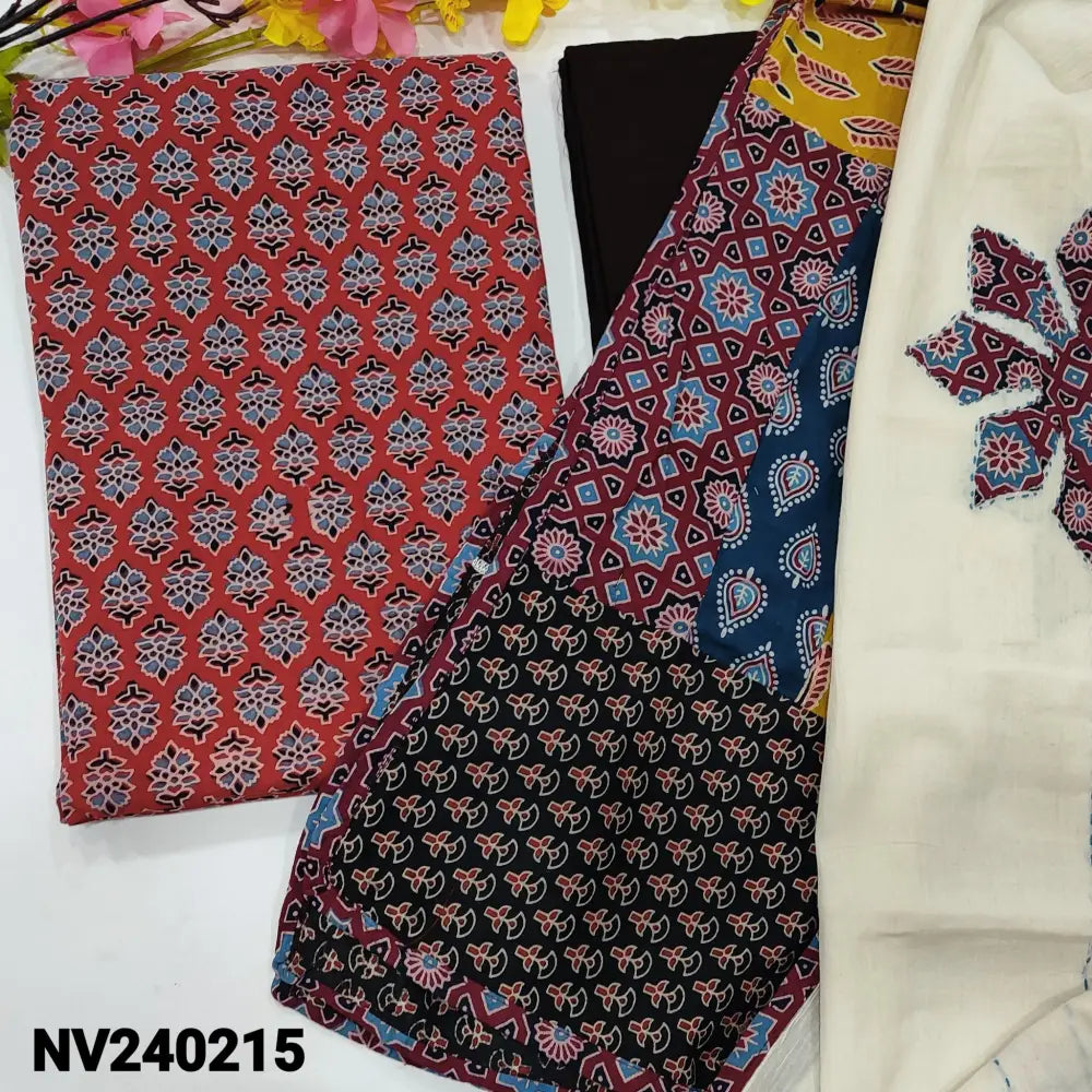 CODE NV240215: Red ajrak hand block printed pure cotton unstitched salwar material(lining optional)black pure cotton