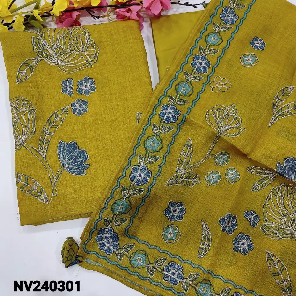 CODE NV240301: Bright mehandhi yellow with golden premium tissue linen unstitched salwar material floral printed& zari
