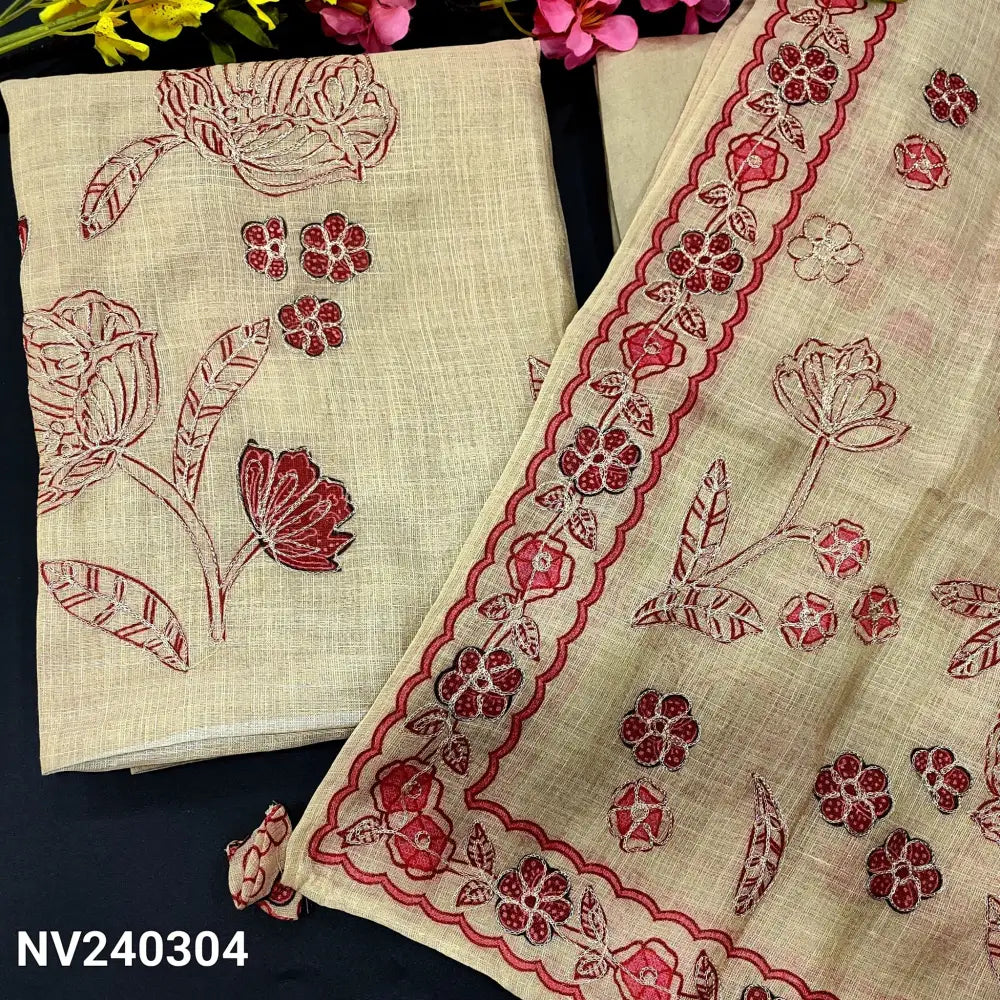 CODE NV240304: Rich beige with golden premium tissue linen unstitched salwar material floral printed& zari work