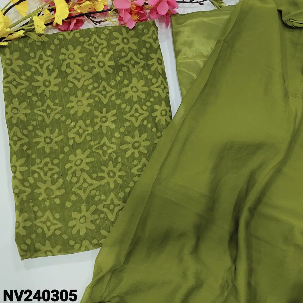 CODE NV240305: Mossy green semi georgette unstitched salwar material original wax batik &thin zari line all over(thin