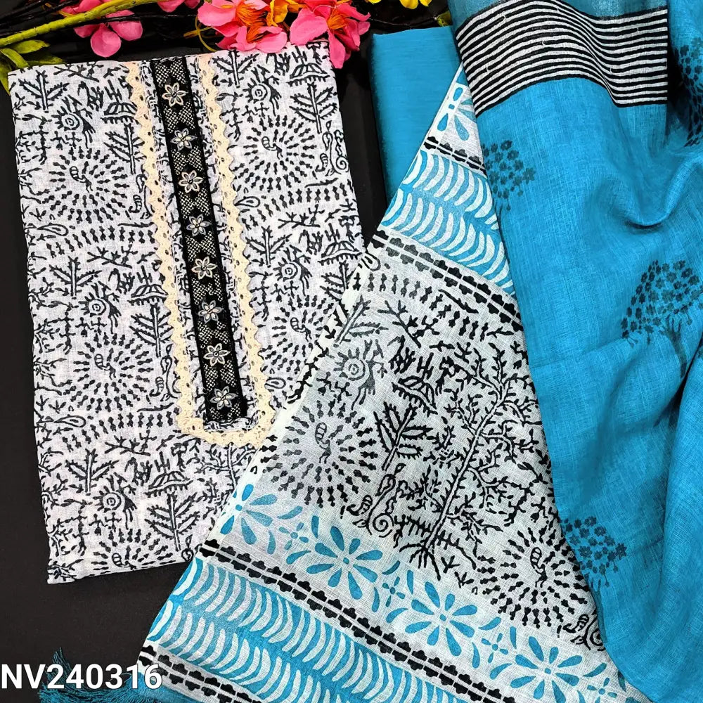 CODE NV240316: Half white base warli printed premium semi linen unstitched salwar material lace work on yoke(lining