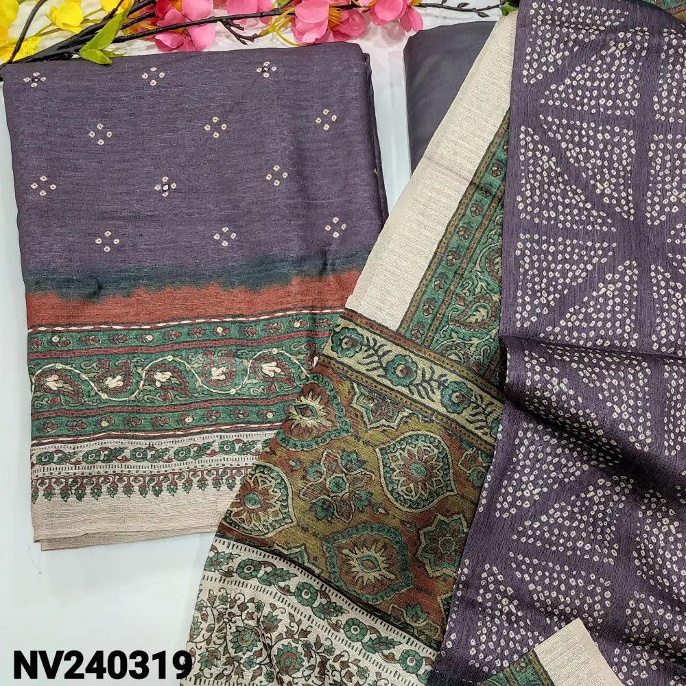 CODE NV240319: Dark purple digital printed silk cotton unstitched salwar material thread sequins &faux mirror work