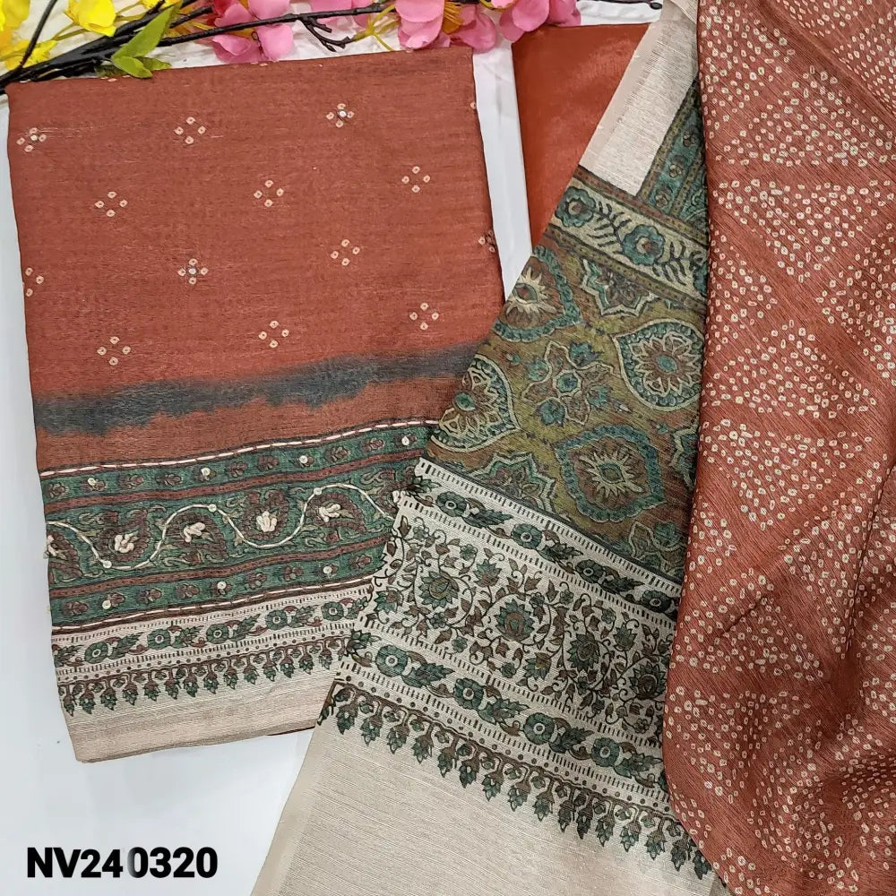 CODE NV240320: Brick red digital printed silk cotton unstitched salwar material thread sequins &faux mirror work