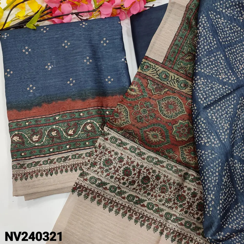 CODE NV240321: Dark blue digital printed silk cotton unstitched salwar material thread sequins &faux mirror work