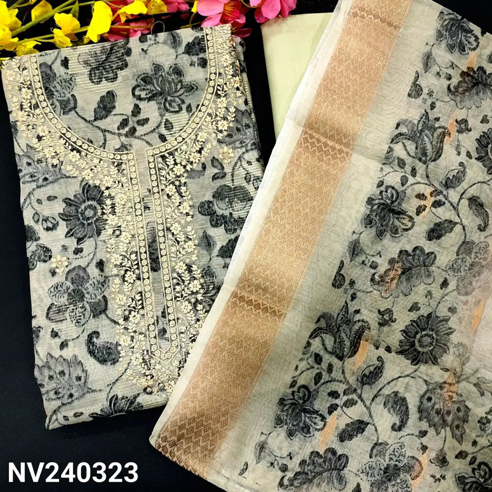 CODE NV240323: Beige base grey floral printed fancy silk cotton unstitched salwar material thread embroidered on yoke&