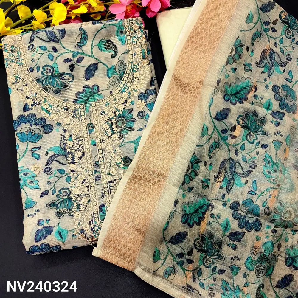 CODE NV240324: Beige base blue floral printed fancy silk cotton unstitched salwar material thread embroidered on yoke&