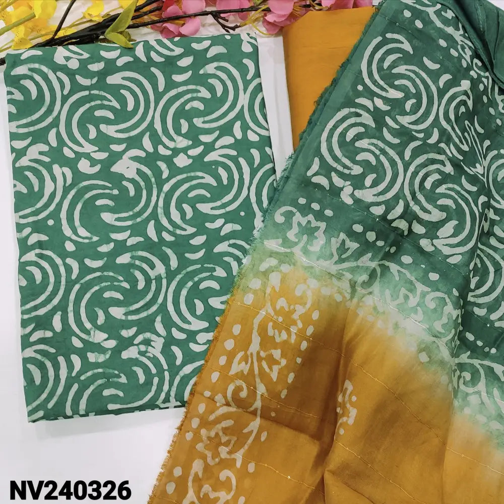 CODE NV240326: Green original wax batik fancy silk cotton unstitched salwar material(lining needed)mehandhi yellow