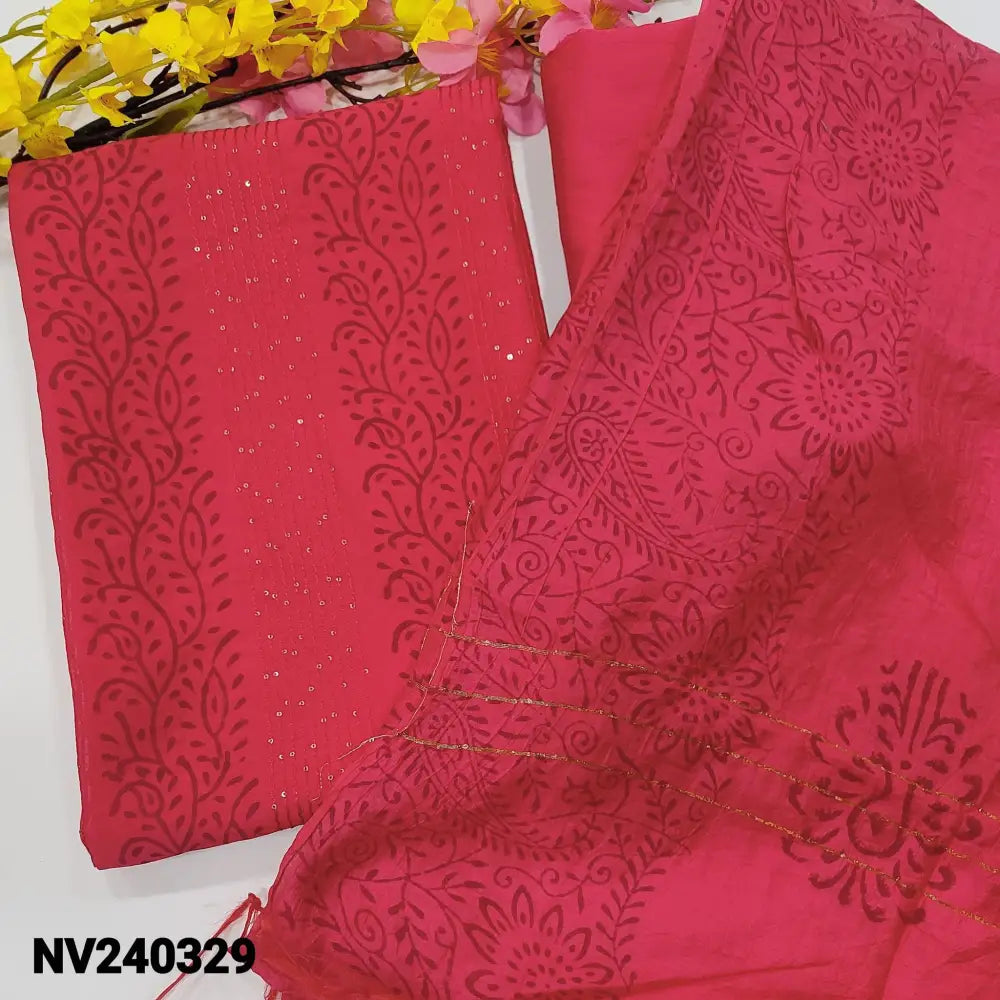 CODE NV240329: Bright pink block printed fancy soft silk cotton unstitched salwar material sequins work on front(thin
