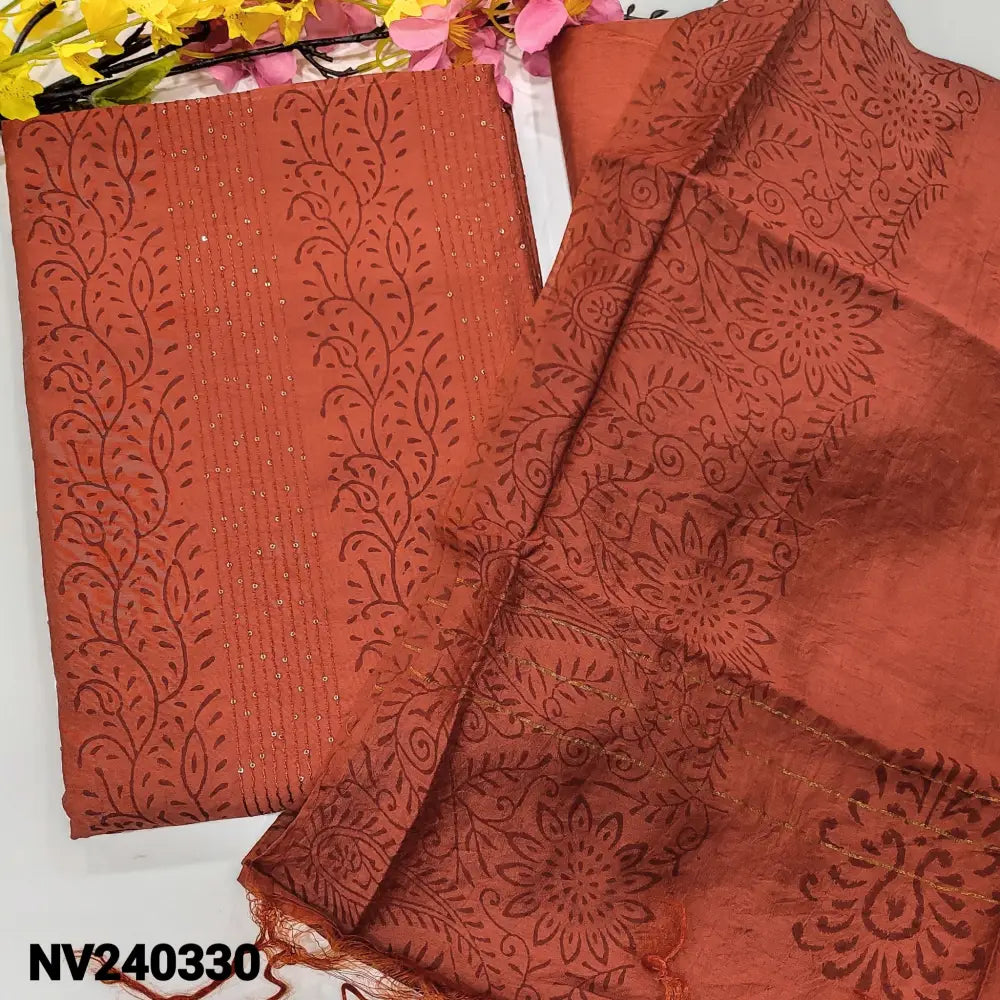 CODE NV240330: Brick red block printed fancy soft silk cotton unstitched salwar material sequins work on front(thin