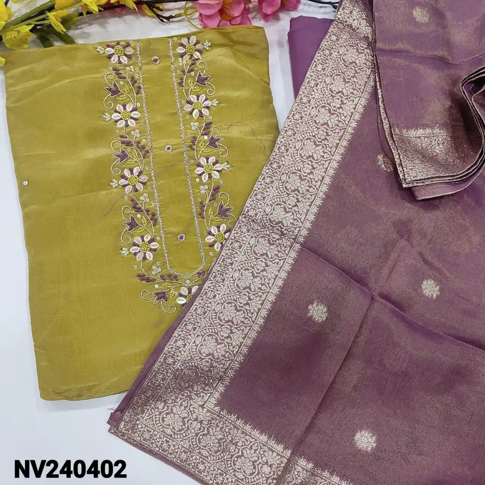 CODE NV240402: Mehandhi yellow with golden tint designer pure tissue organza silk unstitched salwar material rich work