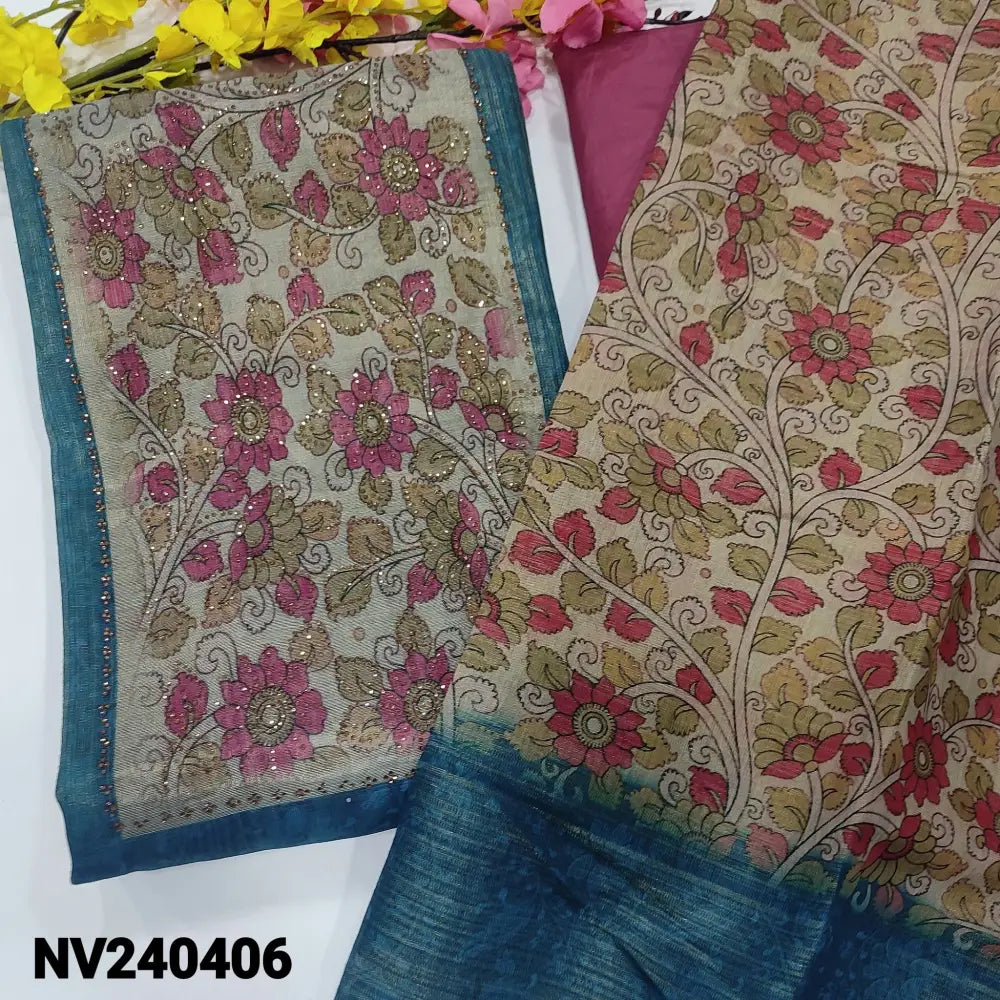 CODE NV240406: Blue tissue silk cotton unstitched salwar material printed yoke(thin fabric lining needed)matching