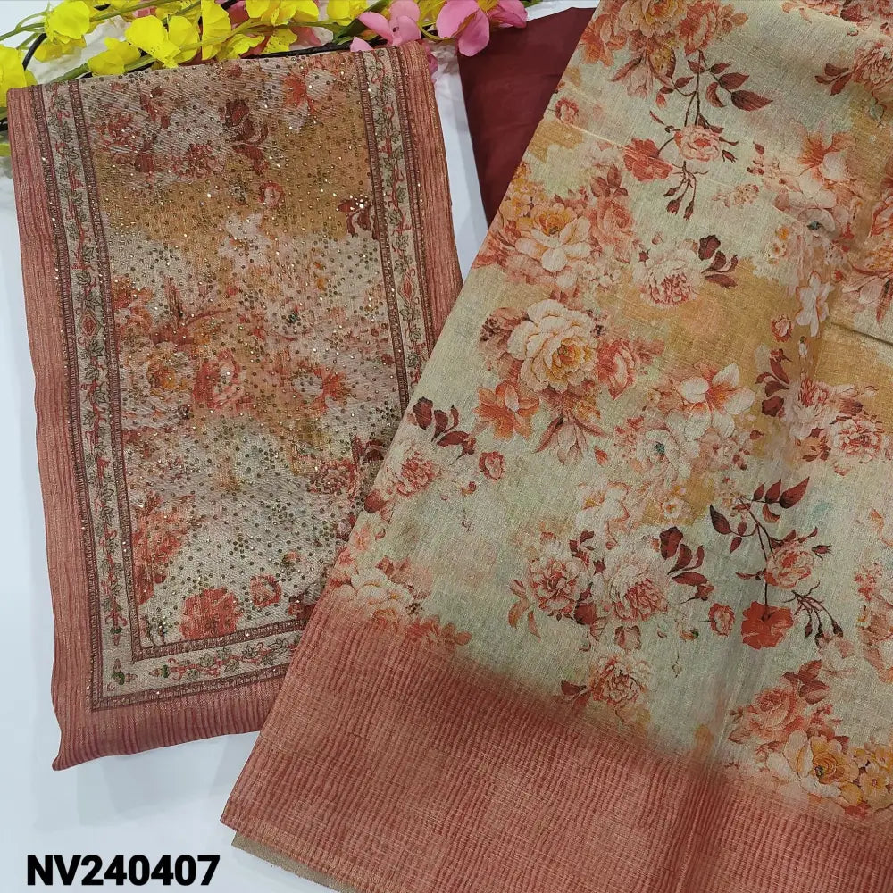 CODE NV240407: Peachish pink tissue silk cotton unstitched salwar material printed yoke(thin fabric lining