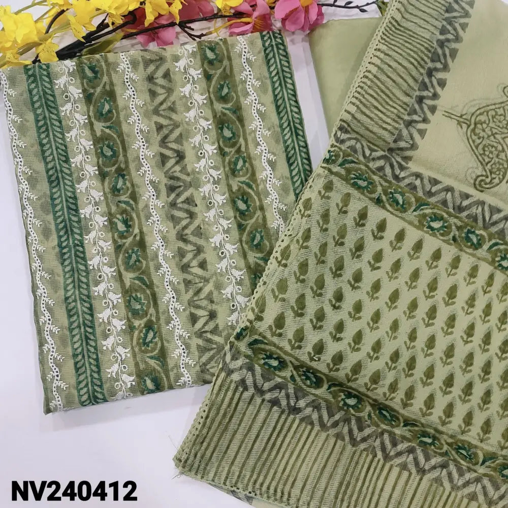 CODE NV240412: Pastel green block printed fancy super net unstitched salwar material embroidered on front(thin fabric