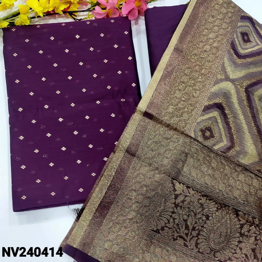 CODE NV240414: Dark purple silk cotton unstitched salwar material zari buttas all over(thin fabric lining