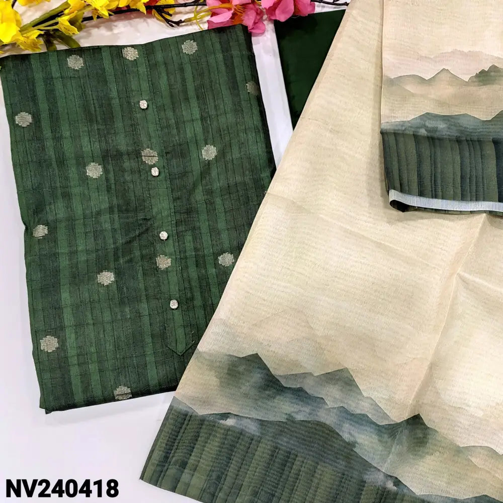CODE NV240418: Dark green abstract printed semi gicha textured silk cotton unstitched salwar material fancy buttons