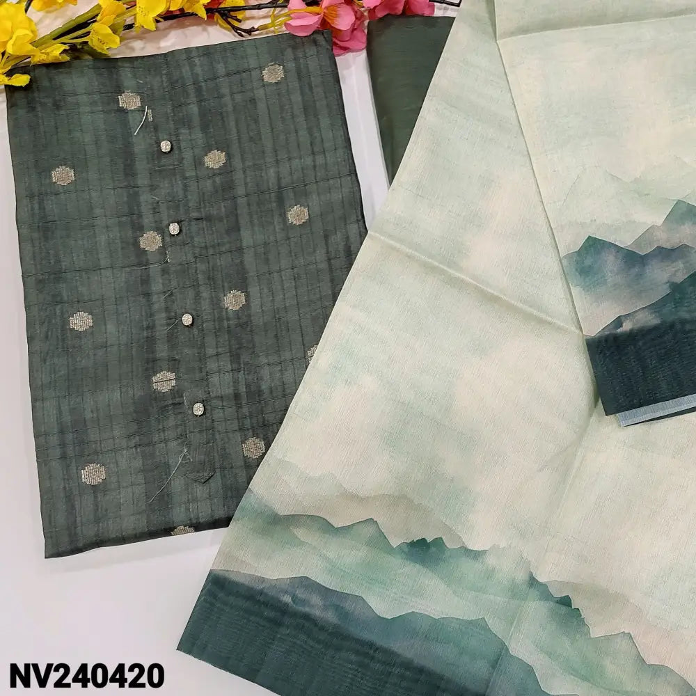 CODE NV240420: Dark grey abstract printed semi gicha textured silk cotton unstitched salwar material fancy buttons