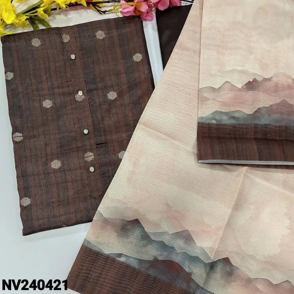 CODE NV240421: Coffee brown abstract printed semi gicha textured silk cotton unstitched salwar material fancy buttons