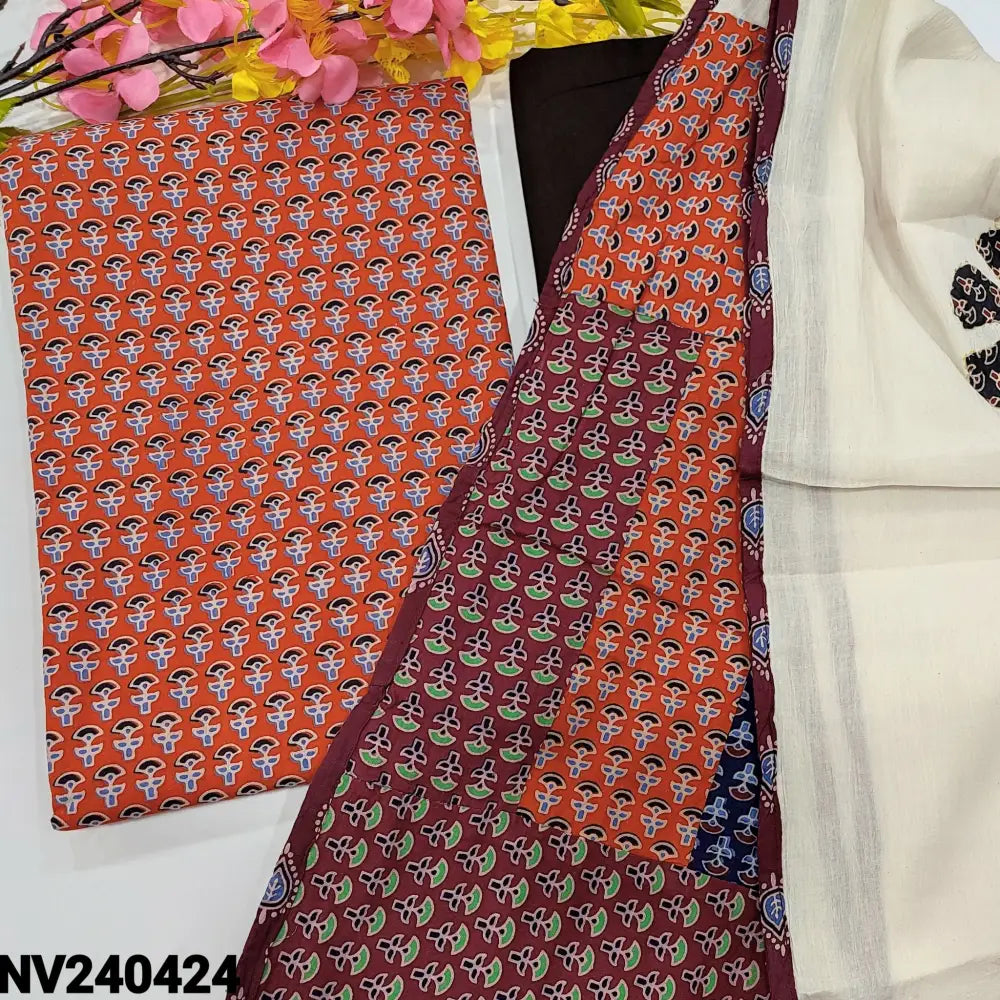 CODE NV240423: Orange premium ajrak hand block printed cotton unstitched salwar material(lining optional)black pure