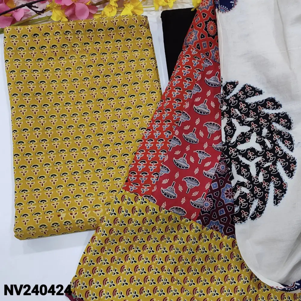 CODE NV240424: Mehandhi yellow premium ajrak hand block printed cotton unstitched salwar material(lining optional)black