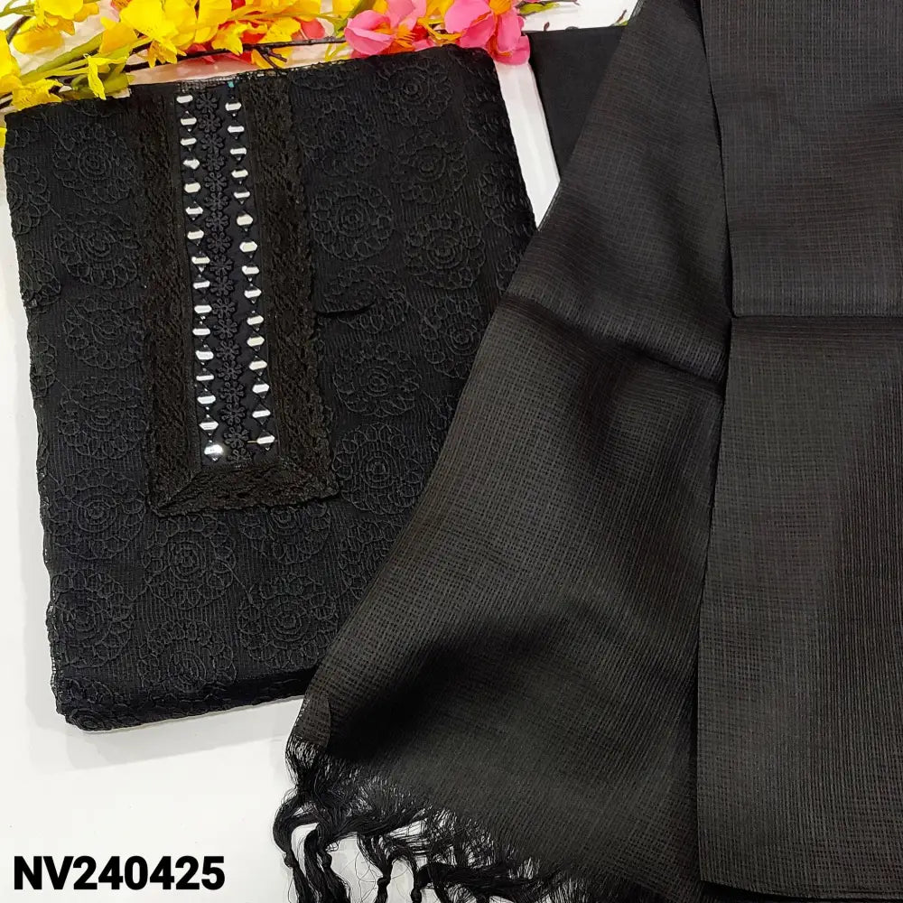 CODE NV240425: Black fancy super net unstitched salwar material real mirror work on yoke self embroidered all