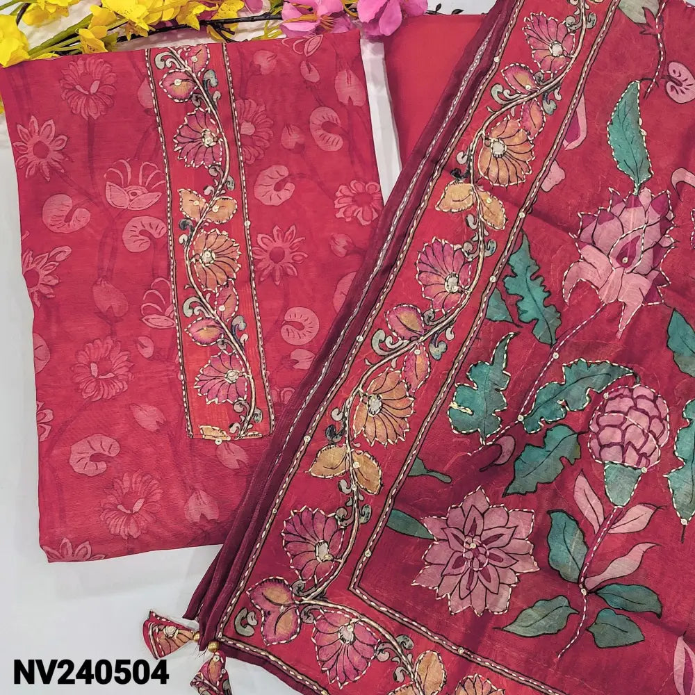 CODE NV240504: Dark pink digital printed silk cotton unstitched salwar material kantha stitch& sequins work