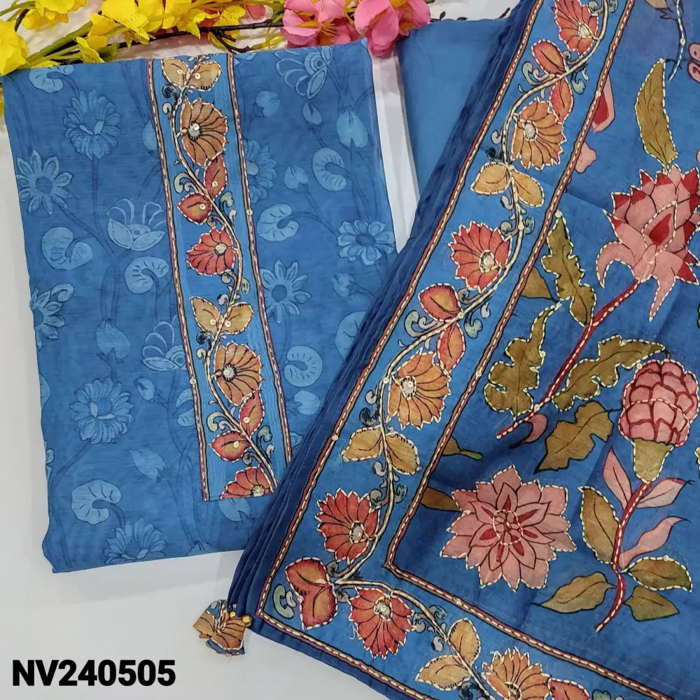 CODE NV240505: Ink blue digital printed silk cotton unstitched salwar material kantha stitch& sequins work on yoke(thin