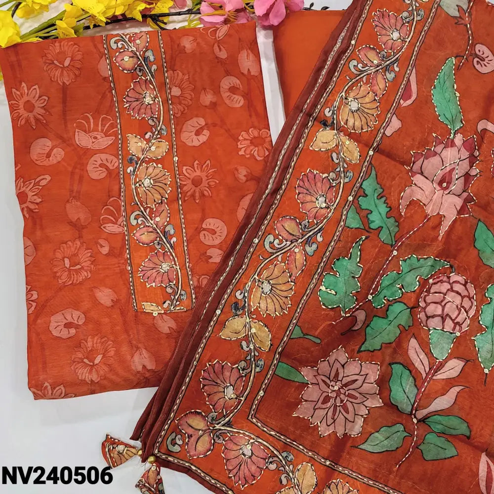 CODE NV240506: Orange digital printed silk cotton unstitched salwar material kantha stitch& sequins work on yoke(thin