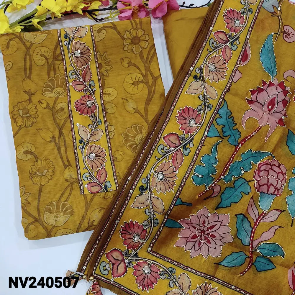 CODE NV240507: Mehandhi yellow digital printed silk cotton unstitched salwar material kantha stitch& sequins work