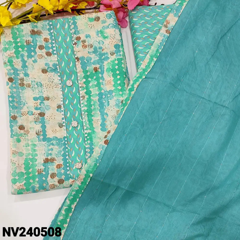 CODE NV240508: Blue printed liquid fabric unstitched salwar material fancy buttons &lace work on yoke(lining