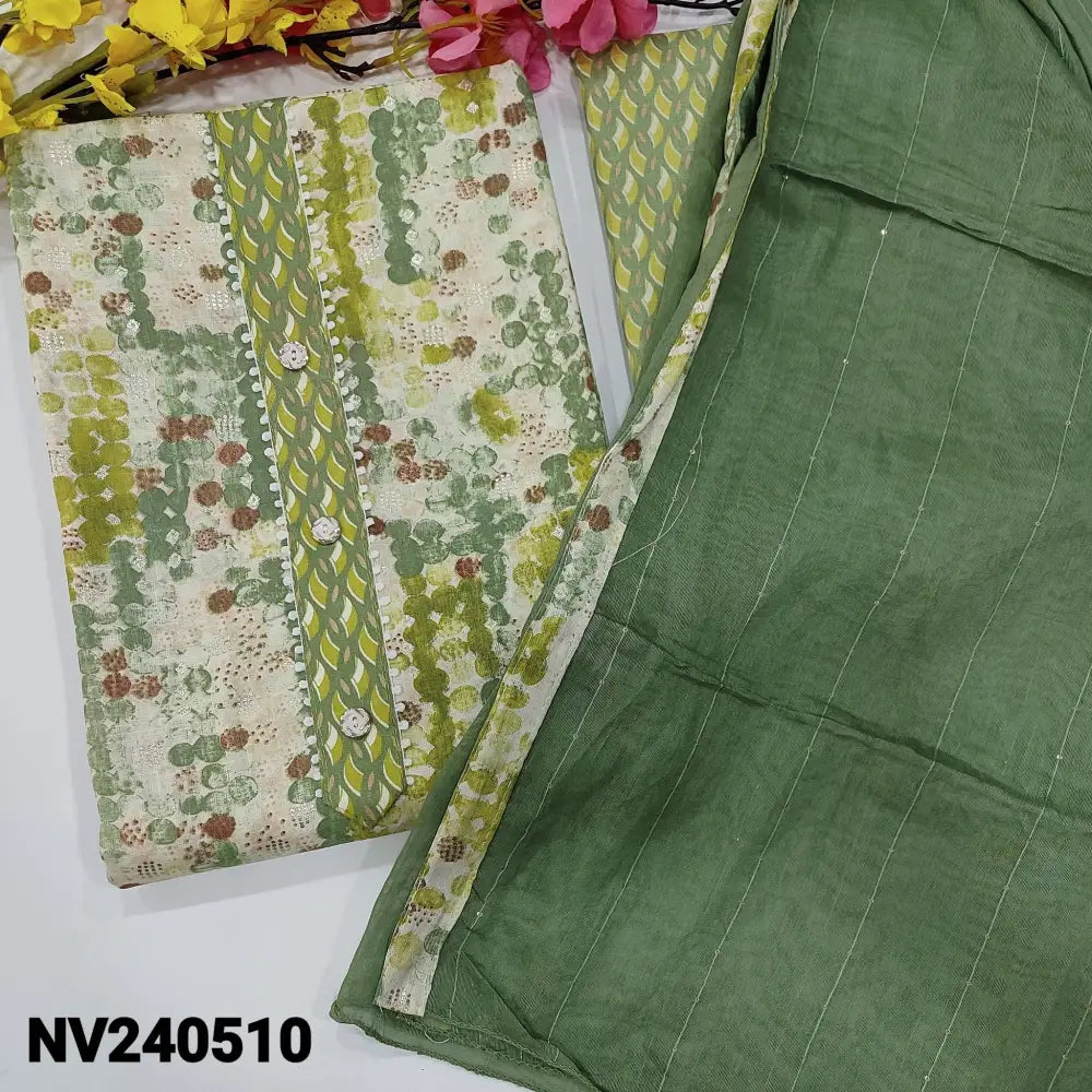 CODE NV240510: Green printed liquid fabric unstitched salwar material fancy buttons &lace work on yoke(lining