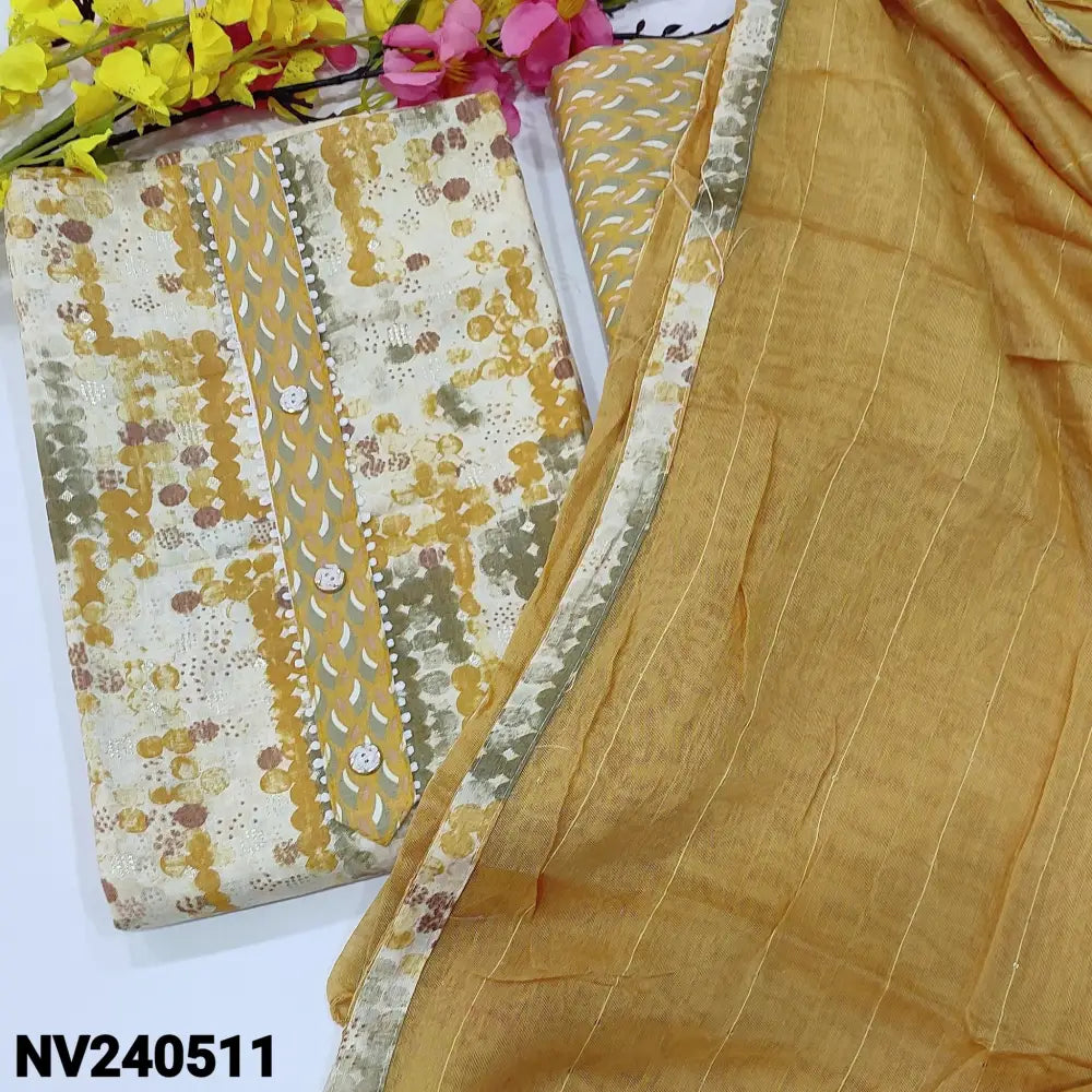 CODE NV240511: Yellow printed liquid fabric unstitched salwar material fancy buttons &lace work on yoke(lining
