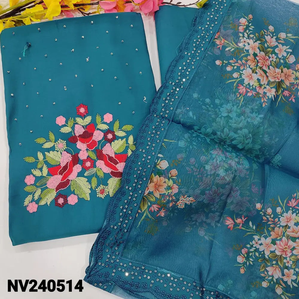 CODE NV240514: Dark teal blue fancy silk cotton unstitched salwar material rich embroidered & sequins work