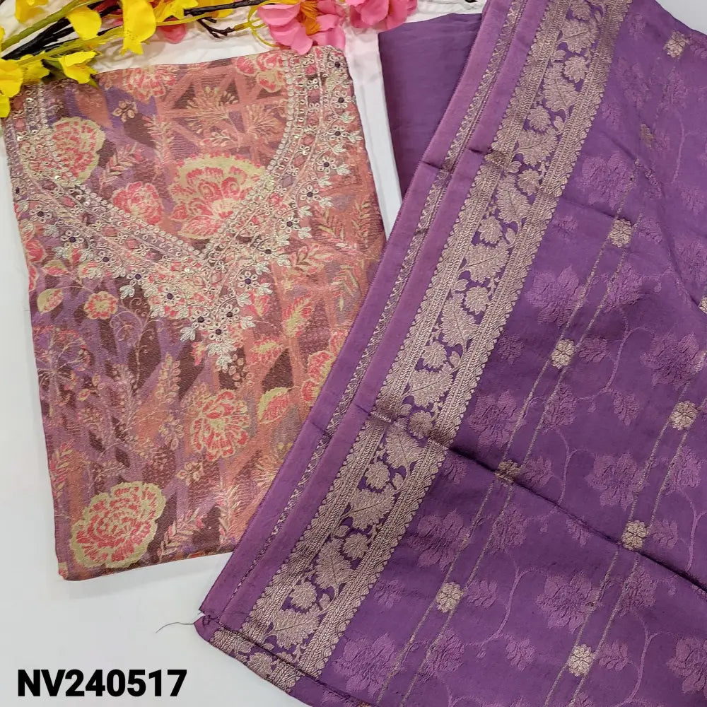 CODE NV240517: Purple with golden tint designer printed pure tissue organza silk unstitched salwar material zari&