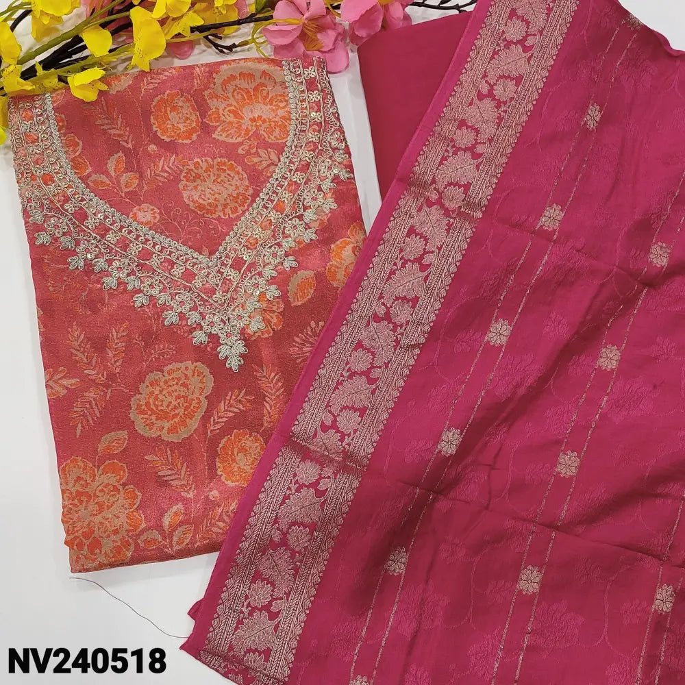 CODE NV240518: Pink with golden tint designer printed pure tissue organza silk unstitched salwar material zari& sequins