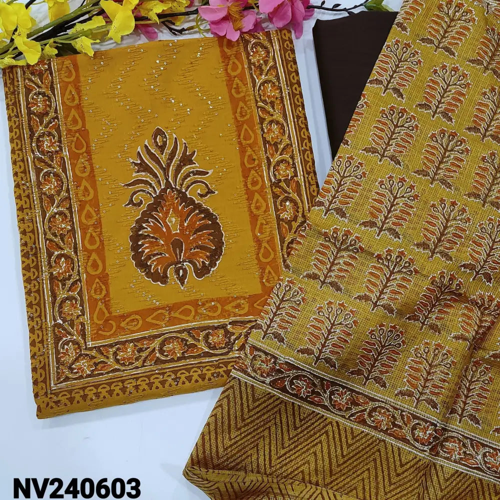 CODE NV240603: Bright mehandhi yellow block printed fancy soft silk cotton unstitched salwar material self embroidered&
