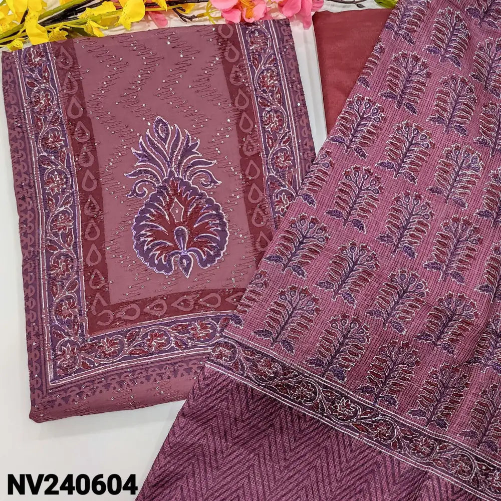CODE NV240604: Dark mauve block printed fancy soft silk cotton unstitched salwar material self embroidered& sequins