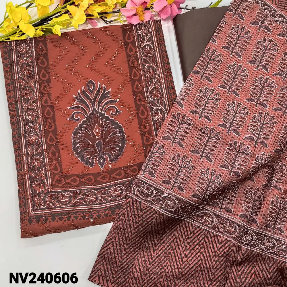CODE NV240606: Brick red block printed fancy soft silk cotton unstitched salwar material self embroidered& sequins work