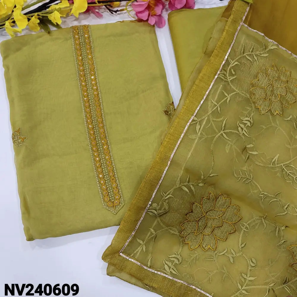 CODE NV240609: Light green designer pure organza unstitched salwar material thread& sequins on yoke embroidered& cut