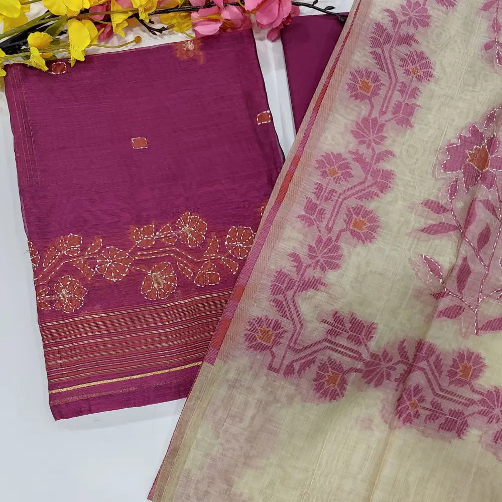 CODE NV2407011: Rani pink designer jamdani woven with rich hand kantha stitched silk cotton unstitched salwar