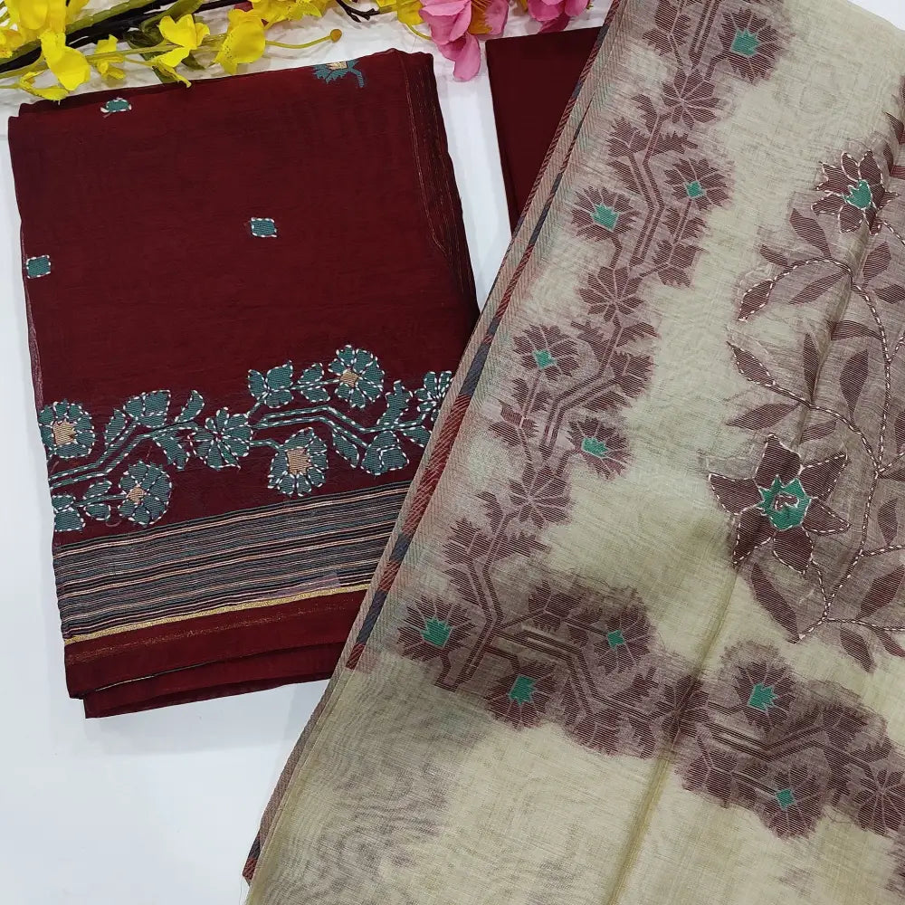 CODE NV2407031: Dark maroon designer jamdani woven with rich hand kantha stitched silk cotton unstitched salwar