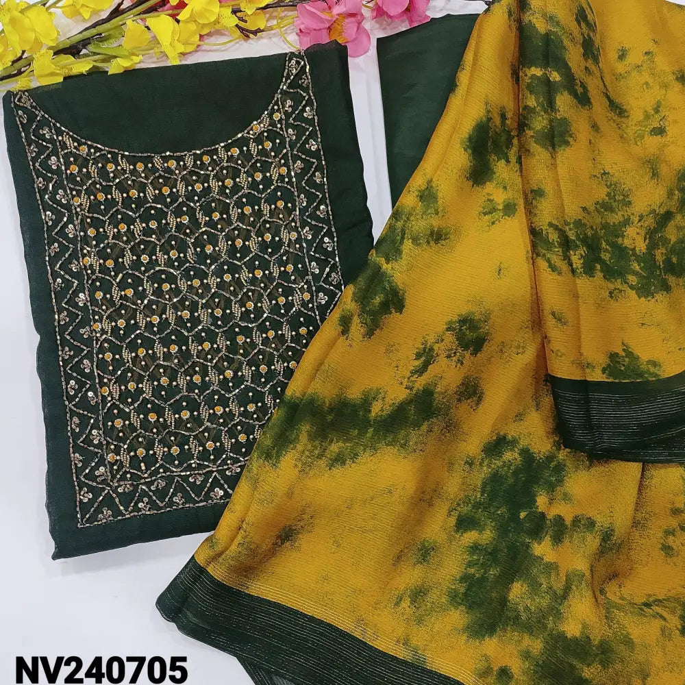 CODE NV240705: Bottle green fancy silk cotton unstitched salwar material heavy bead work on yoke(lining needed)matching