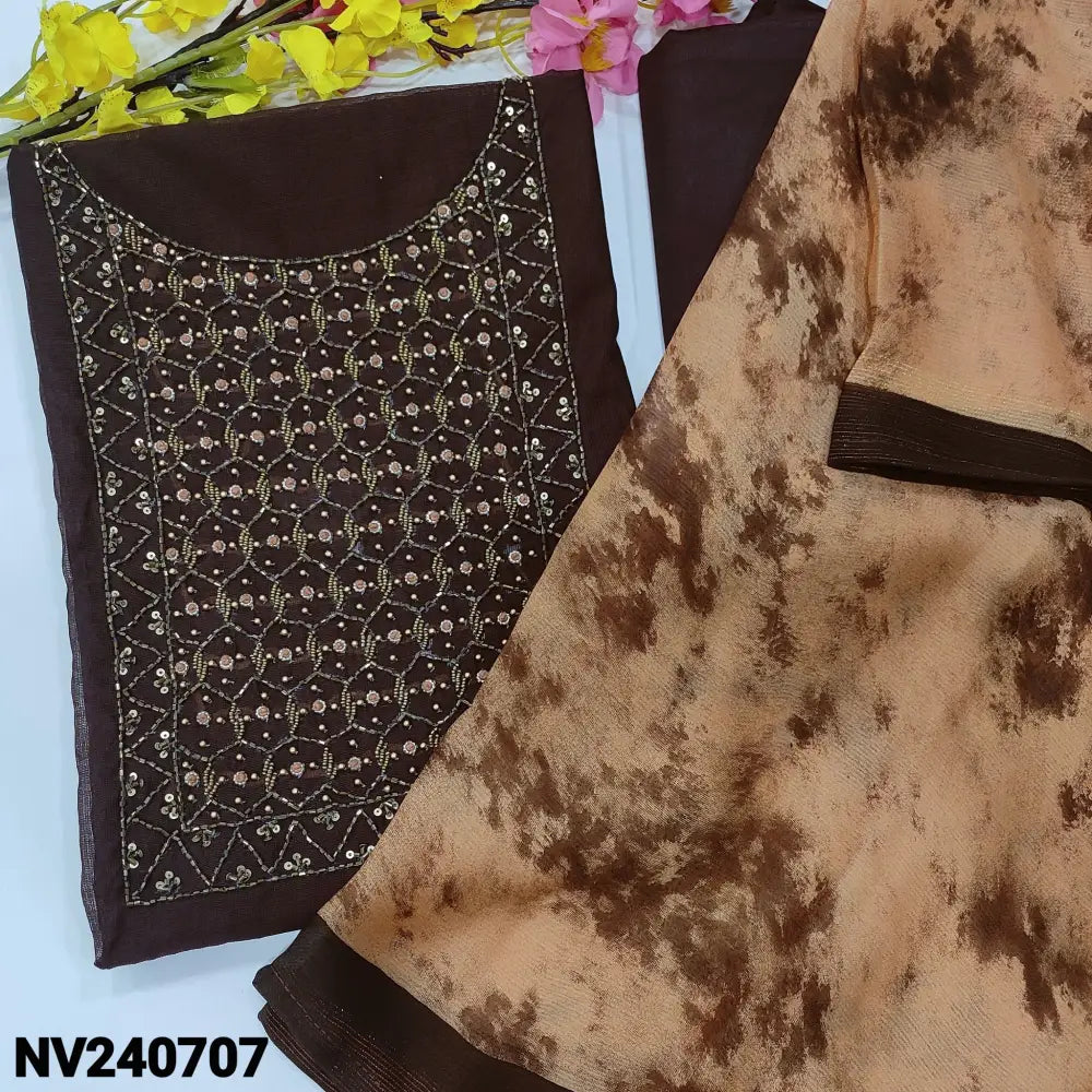 CODE NV240707: Dark brown fancy silk cotton unstitched salwar material heavy bead work on yoke(lining needed)matching